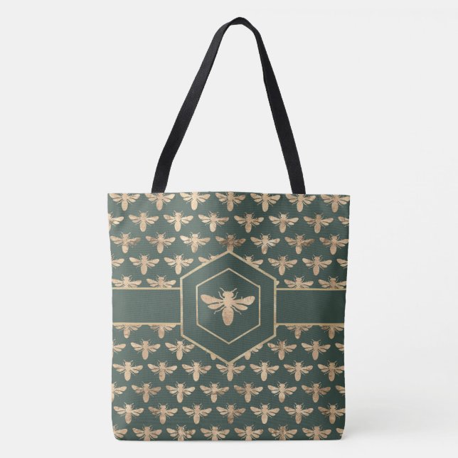Bolsa Tote Padrão Dourado de MelBee elegante em verde escuro (Frente)