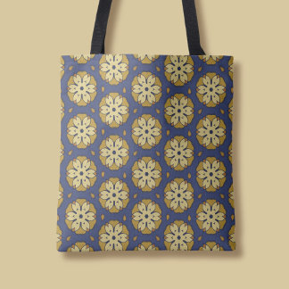 Bolsa Tote Padrão Dourado e Azul Floral e Teardrop
