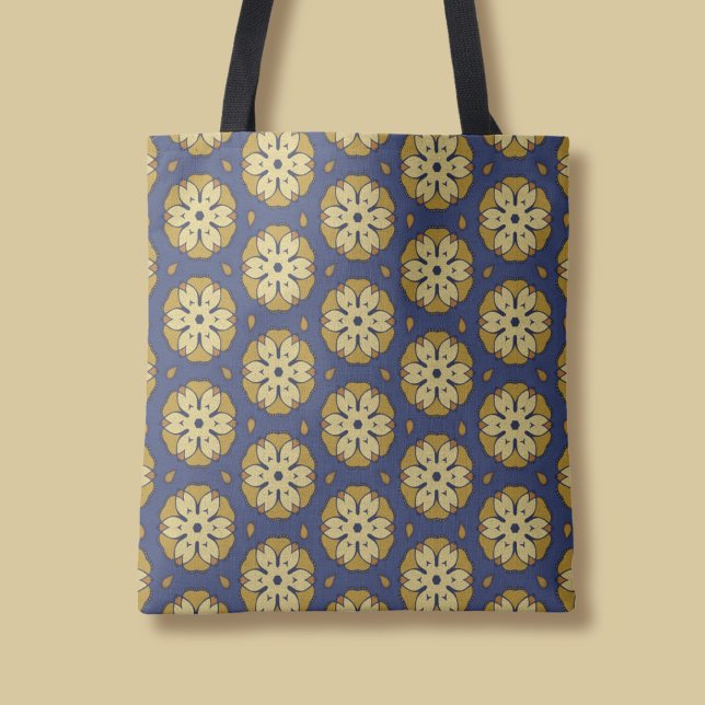 Bolsa Tote Padrão Dourado e Azul Floral e Teardrop (Criador carregado)