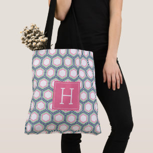 Bolsa Tote Padrão e Monograma Geométricos Azul Verde e Rosa