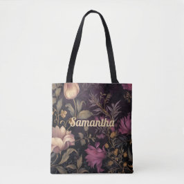 Bolsa Tote padrão elegante de flor escura com nome