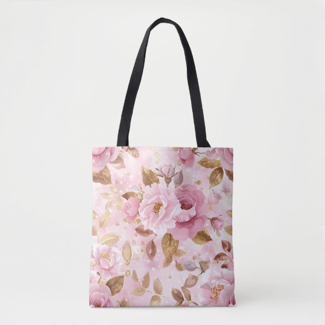Bolsa Tote padrão elegante, sem costura, cor-de-rosa, com flo (Frente)