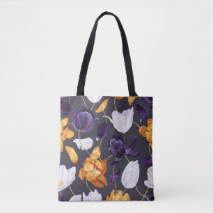 Bolsa Tote Padrão Escuro De Tulipas Desenhadas À Mão