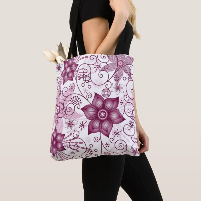 Bolsa Tote Padrão Espiral Floral Rosa e Branco (Close Up)