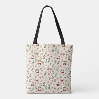 Bolsa Tote Padrão Estético Coquette Cereja Vermelha e Laço Ro