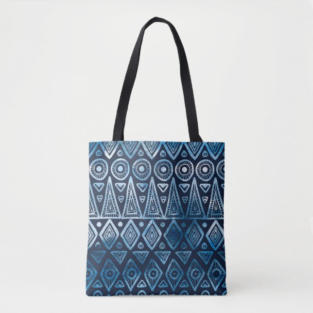 Bolsa Tote Padrão étnico azul clássico sem costura (Frente)
