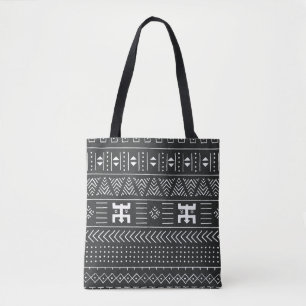 Bolsa Tote Padrão étnico tribal negro e branco com geometr