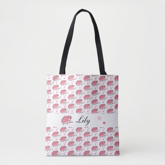 Bolsa Tote Padrão Feliz deouriço-cacheiro Fofo Rosa Branco (Frente)