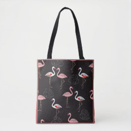 Bolsa Tote Padrão Flamingo Colorido no Fundo Negro