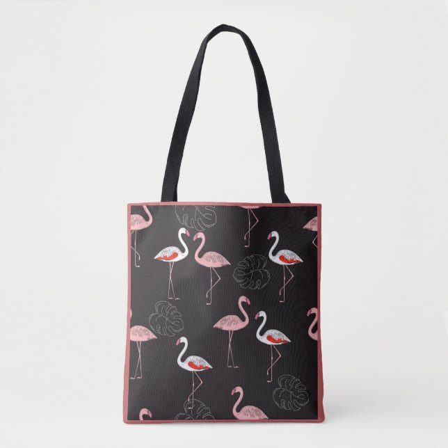 Bolsa Tote Padrão Flamingo Colorido no Fundo Negro (Frente)