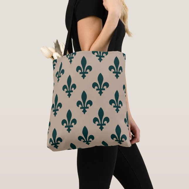 Bolsa Tote Padrão Fleur de Lis, Verde Real Francês sobre Crem (Close Up)