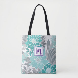 Bolsa Tote Padrão Floral, Aqua, Teal, Turquesa e Cinzas