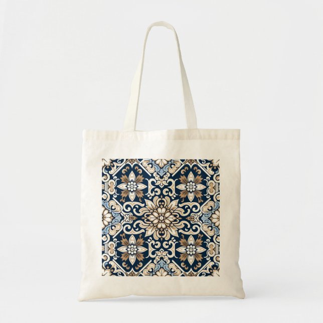Bolsa Tote Padrão Floral Azul e Batik Marrom impressionante (Frente)