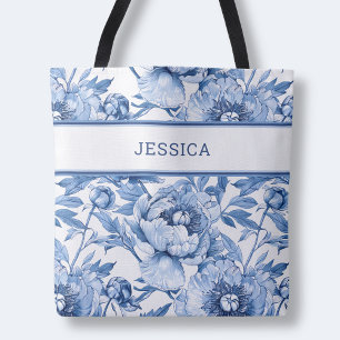 Bolsa Tote Padrão Floral Azul Elegante Flores Botânicas Fofas