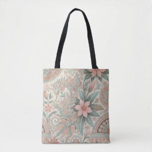 Bolsa Tote Padrão Floral Azul indonésio Batik Cor-de-rosa