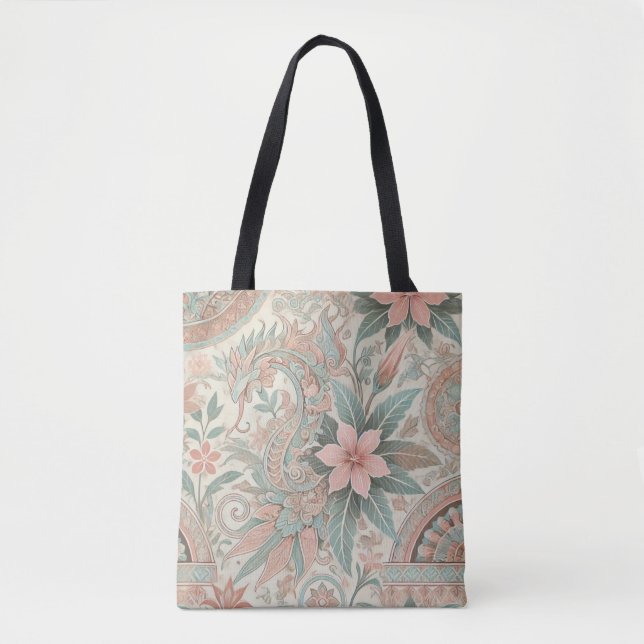 Bolsa Tote Padrão Floral Azul indonésio Batik Cor-de-rosa (Frente)