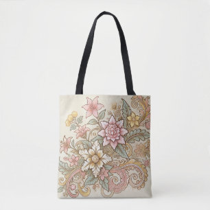 Bolsa Tote Padrão Floral Azul indonésio Batik Cor-de-rosa