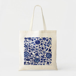 Bolsa Tote Padrão floral azul-marinho chinês em branco
