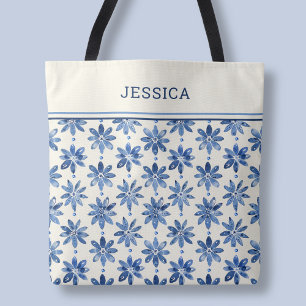 Bolsa Tote Padrão Floral Azul Moderno Nome Elegante e Estilos