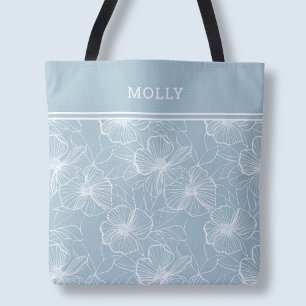 Bolsa Tote Padrão Floral Azul Moderno Nome Personalizado Eleg