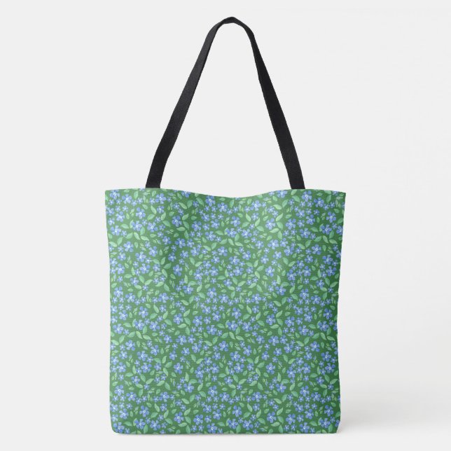 Bolsa Tote Padrão Floral Azul Periwinkle Ditsy em Verde (Verso)