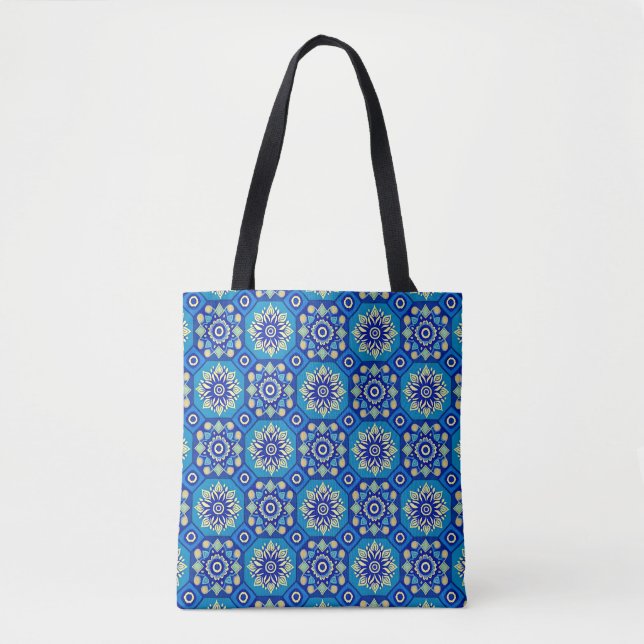 Bolsa Tote Padrão Floral Azul Vintage Boho (Frente)