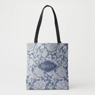 Bolsa Tote Padrão Floral Azul Vintage com Monograma