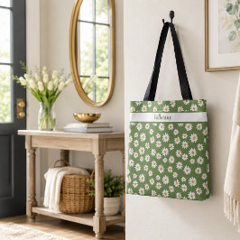 Bolsa Tote Padrão Floral Boho Daisy Verde Nome