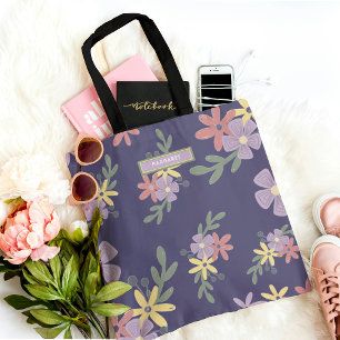 Bolsa Tote Padrão Floral Boho Roxo Mauve Elegante