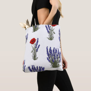 Bolsa Tote Padrão Floral Botânico de Lavanda e Papoula Vermel