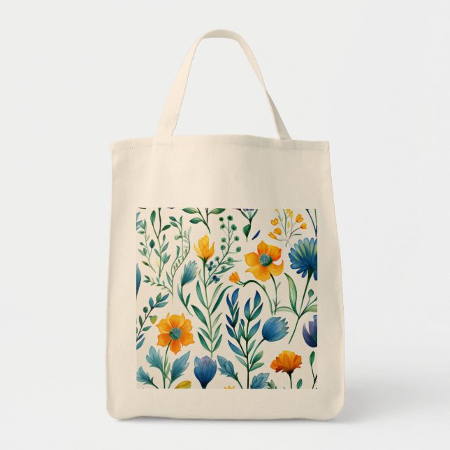 Bolsa Tote Padrão Floral Botânico de Várias Cores Aquáticas (Frente)