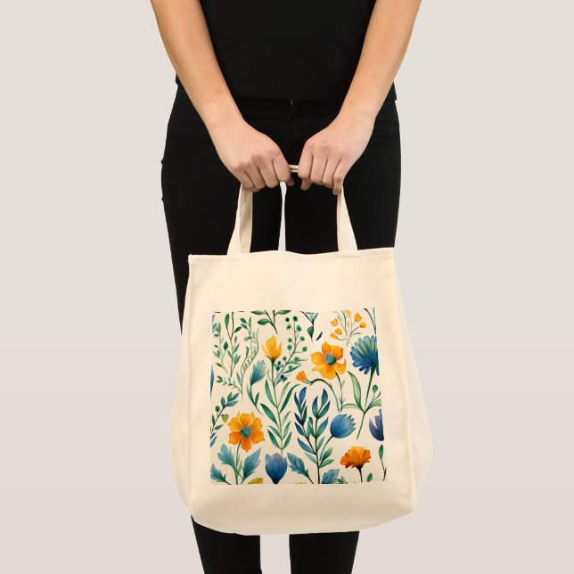 Bolsa Tote Padrão Floral Botânico de Várias Cores Aquáticas (Frente (produto))