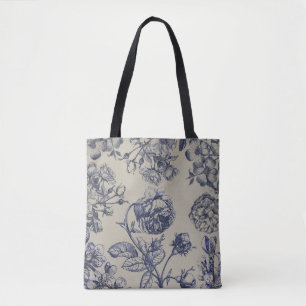 Bolsa Tote Padrão Floral Botânico Toile Azul Vintage