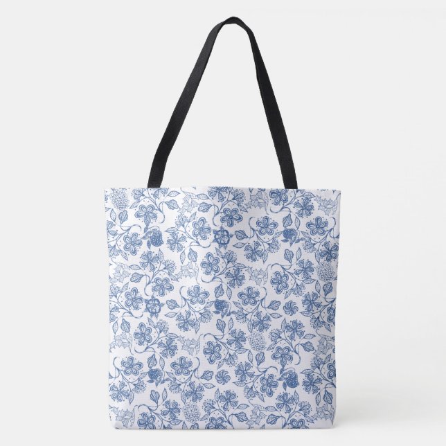 Bolsa Tote Padrão Floral Branco e Azul Chic Indigo (Frente)