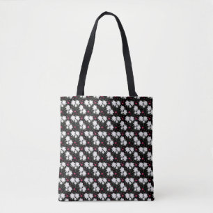 Bolsa Tote Padrão Floral Branco Elegante em Fundo Preto