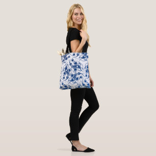 Bolsa Tote Padrão Floral Branco Ilustrado e Azul