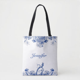 Bolsa Tote Padrão Floral Chinês Azul e Branco com Pássaro