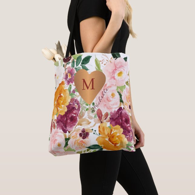 Bolsa Tote Padrão floral chique monogramado  (Close Up)