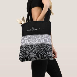 Bolsa Tote Padrão Floral Cinza e Leopardo