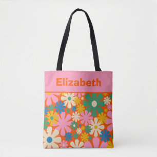 Bolsa Tote Padrão Floral Colorido dos anos 60 com Nome