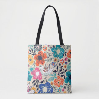 Bolsa Tote  padrão floral com flores coloridas florescentes e