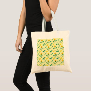 Bolsa Tote Padrão floral com rosa amarela e flores tulipas