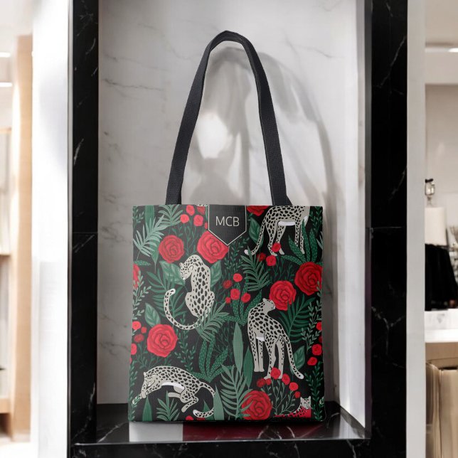 Bolsa Tote Padrão Floral da Selva Leopardo Exótico com Monogr (Criador carregado)