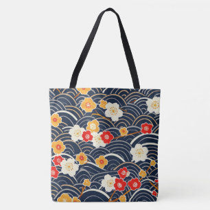 Bolsa Tote Padrão Floral de Ameixa em Flor Onda Japonesa Mari