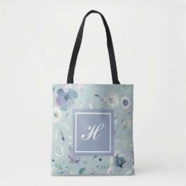 Bolsa Tote Padrão Floral de Aquarela Azul Violeta Monograma