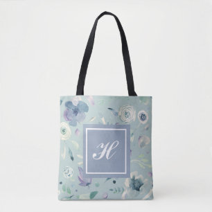 Bolsa Tote Padrão Floral de Aquarela Azul Violeta Monograma