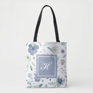 Bolsa Tote Padrão Floral de Aquarela Azul Violeta Monograma