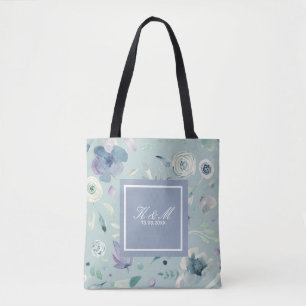 Bolsa Tote Padrão Floral de Aquarela Azul Violeta Monograma