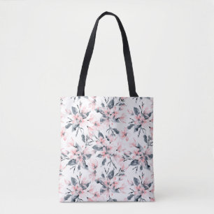 Bolsa Tote Padrão Floral de Aquarela Rosa e Cinza