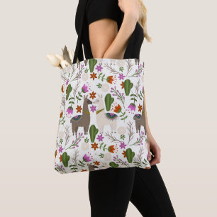 Bolsa Tote Padrão Floral de Cactus Alpaca Amante de Animais